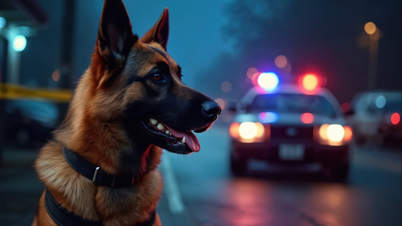 Câine polițist în prim plan, iar în plan secundar o mașină de poliție