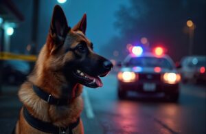 Câine polițist în prim plan, iar în plan secundar o mașină de poliție