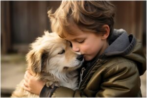 Un copil îmbrățișează un câine