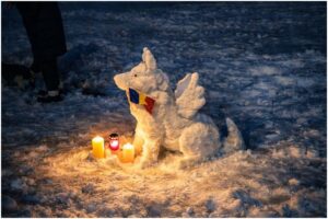 Statuie din zăpadă sub formă de câine cu aripi la protestul din București