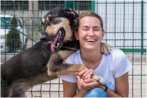 Femeie îmbrățișată de un câine în fața unui gard