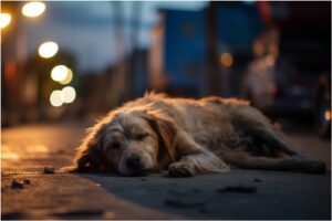 Un câine care doarme pe asfalt noaptea
