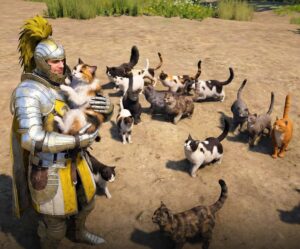 Imagine din jocul Crimson Deser: un cavaler alături de mai multe pisici