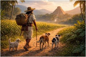 Bărbat mergând alături de trei câini