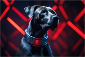 Câine negru cu o zgardă inteligentă